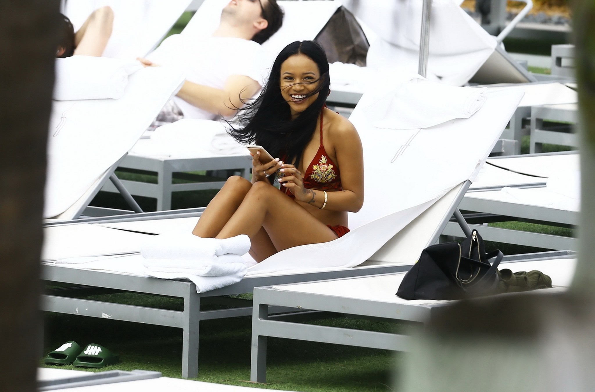 Karrueche Tran busty and booty in tiny red bikini poolside #75148484