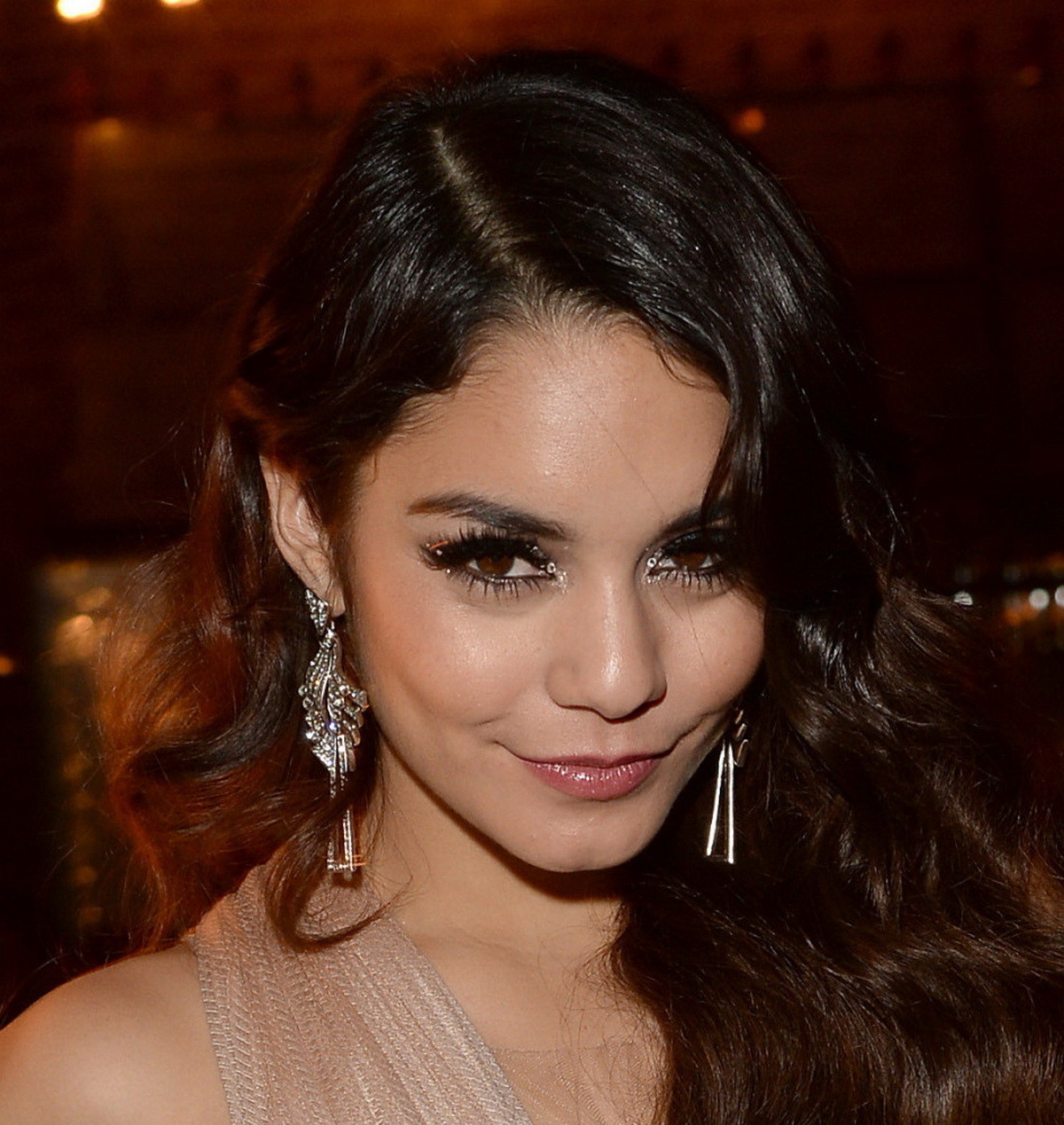 Vanessa Hudgens braless showing huge cleavage in hot flesh colored dress at InSt #75207393