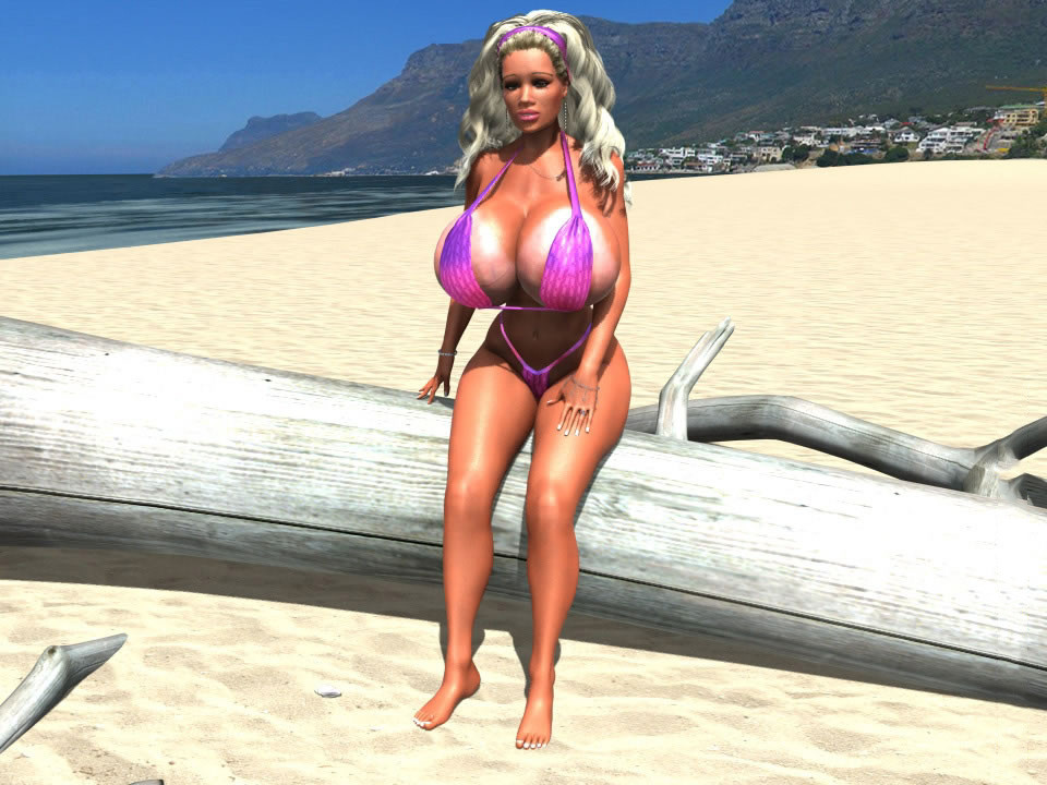 Huge breasted 3D blonde beach bunny caught topless #67048591