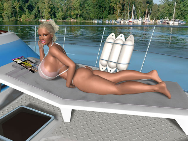 Topless 3D blonde with huge boobs poses on sea yacht #67048676