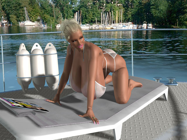 Topless 3D blonde with huge boobs poses on sea yacht #67048696
