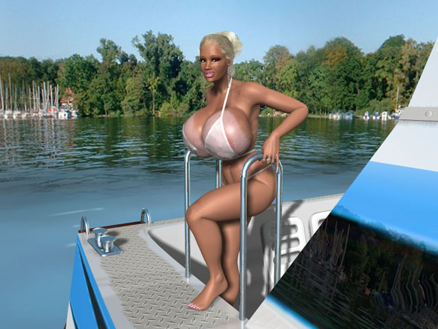 Topless 3D blonde with huge boobs poses on sea yacht #67048720
