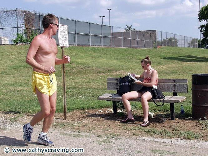 male jogger blown and balls emptied in public park #76117208