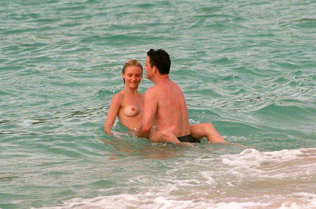 Cameron Diaz exposing her nice tits on beach and ass in green thong paparazzi pi #75367953