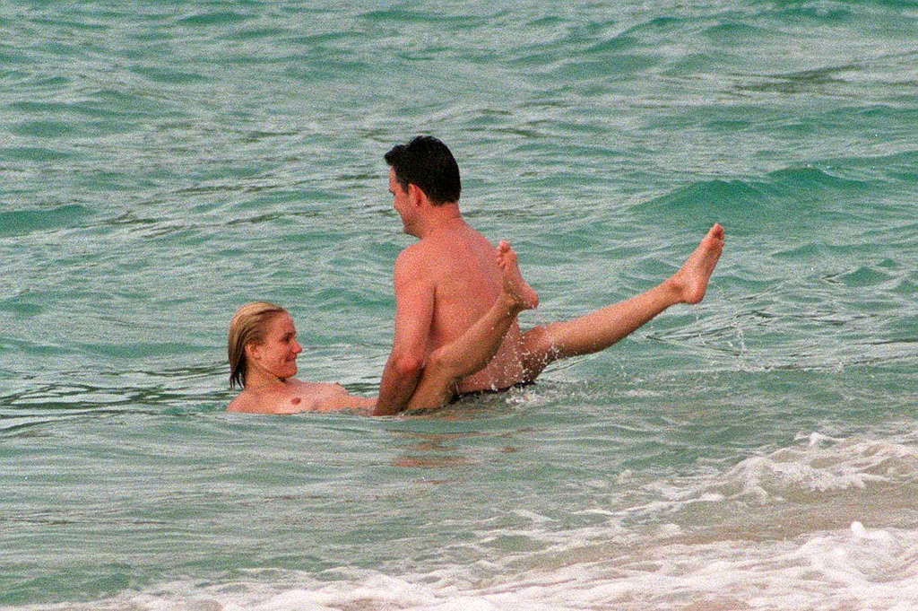 Cameron Diaz exposing her nice tits on beach and ass in green thong paparazzi pi #75367980