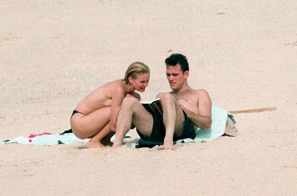 Cameron Diaz exposing her nice tits on beach and ass in green thong paparazzi pi #75368017