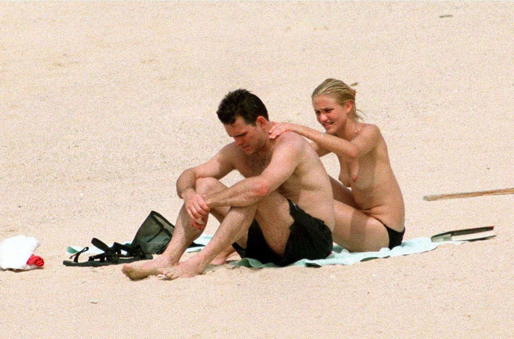 Cameron Diaz exposing her nice tits on beach and ass in green thong paparazzi pi #75368020