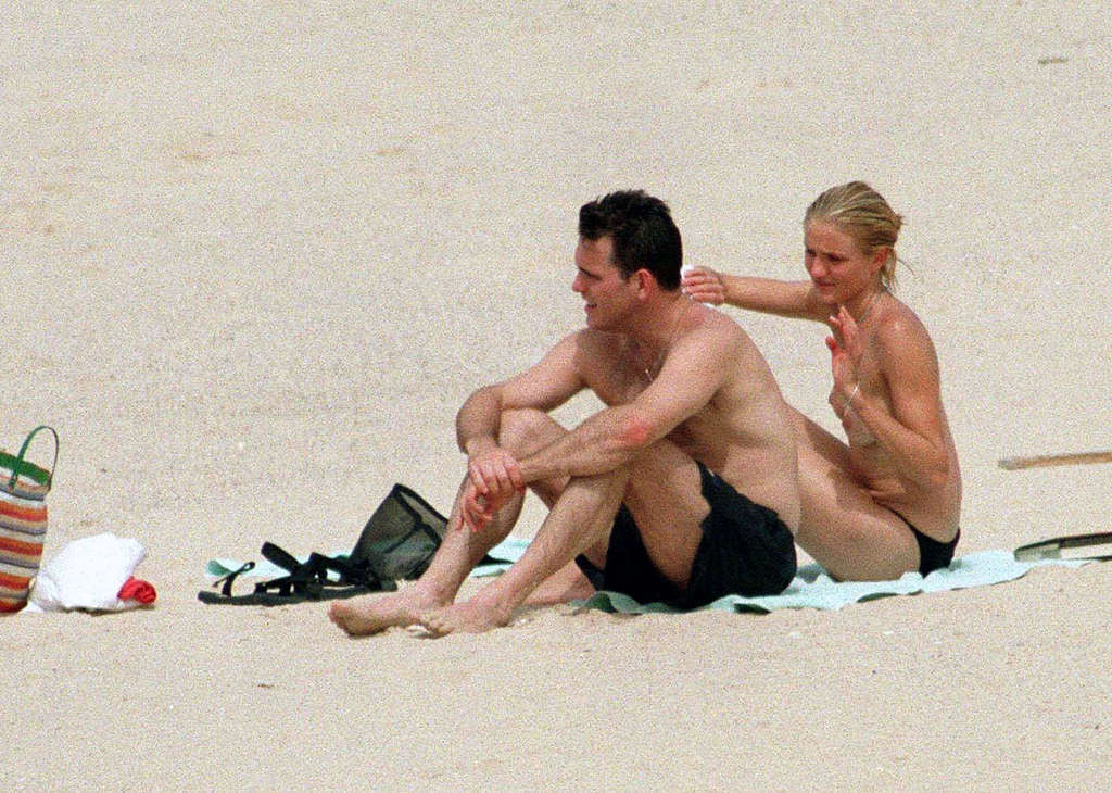 Cameron Diaz exposing her nice tits on beach and ass in green thong paparazzi pi #75368030