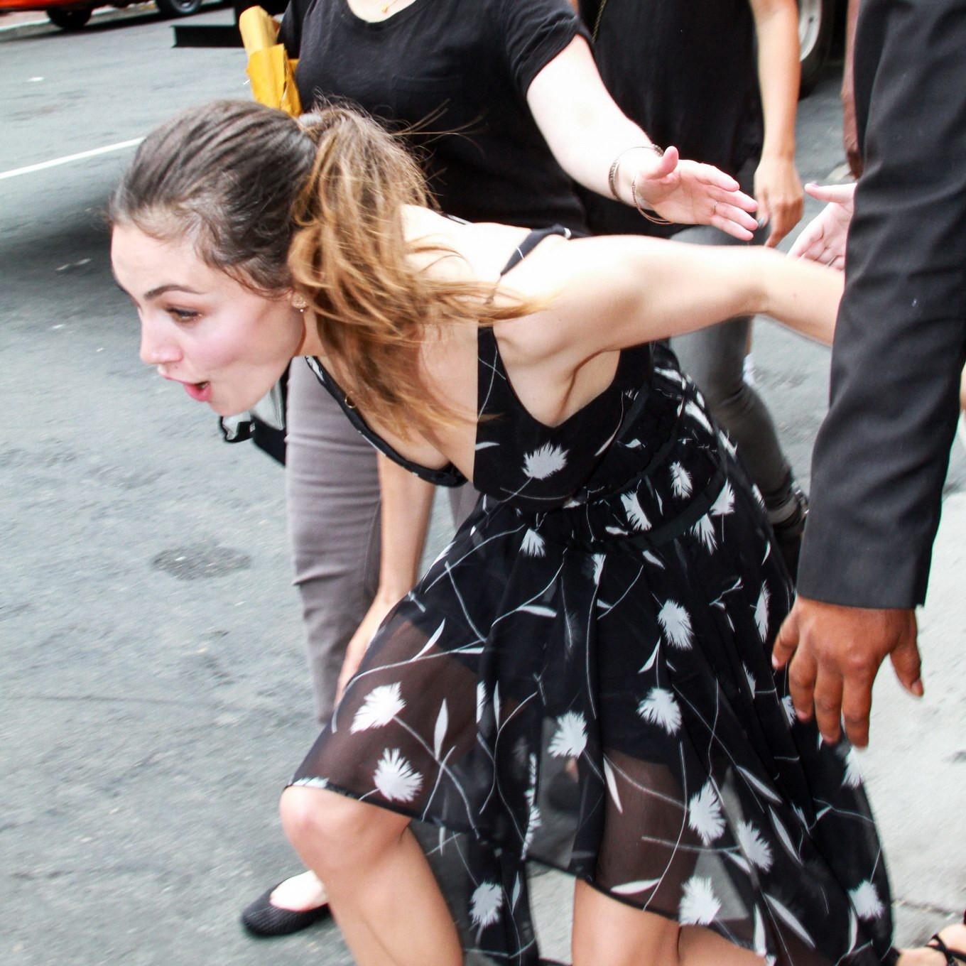 Phoebe Tonkin braless downblouse while loosing balance at Comic Con in San Diego #75189360