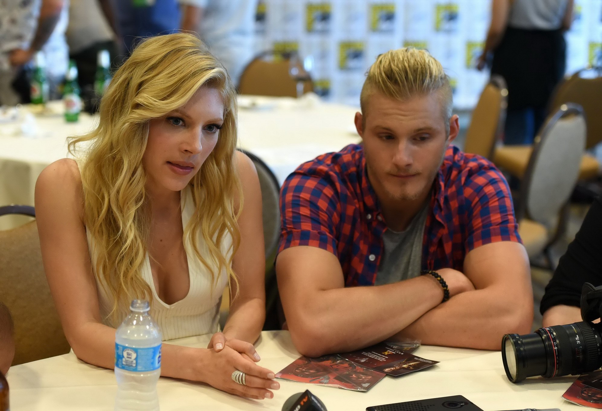 Katheryn Winnick showing big cleavage in a tight white dress at the Vikings Pres #75189443