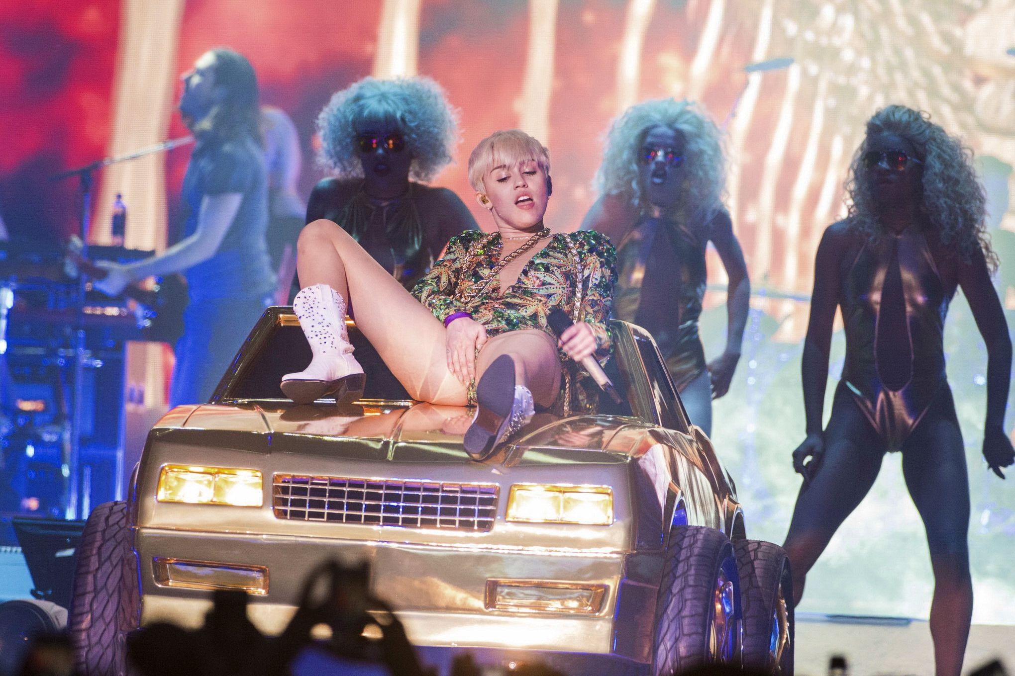 Miley Cyrus naughty performance in marijuana leaf print bodysuit during the Bang #75204665