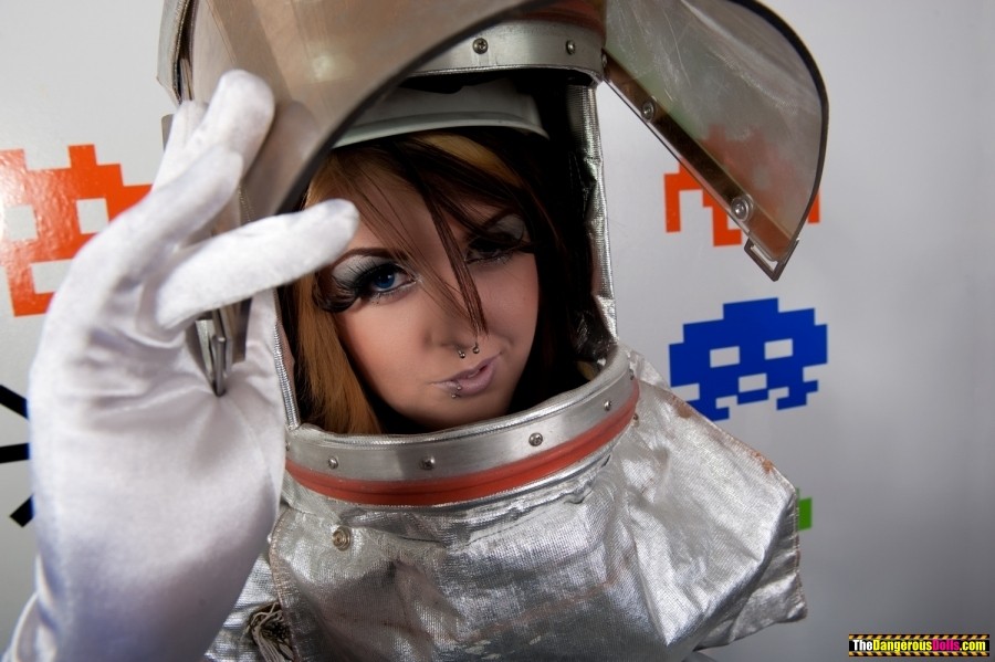 Tattood Emo teen in space suit showing off her tattood tits #73245997