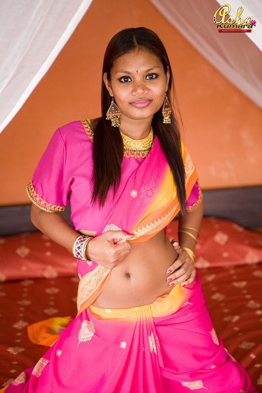Asha, une jeune exotique, couvre ses seins bruns d'Inde avec un sari.
 #67776056