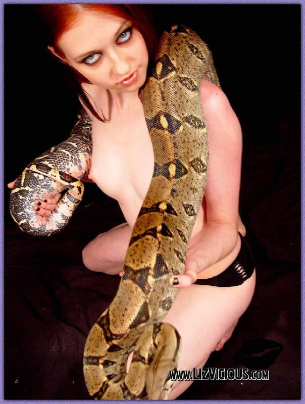 Liz vicious, gothique rousse, joue avec son serpent
 #76629455