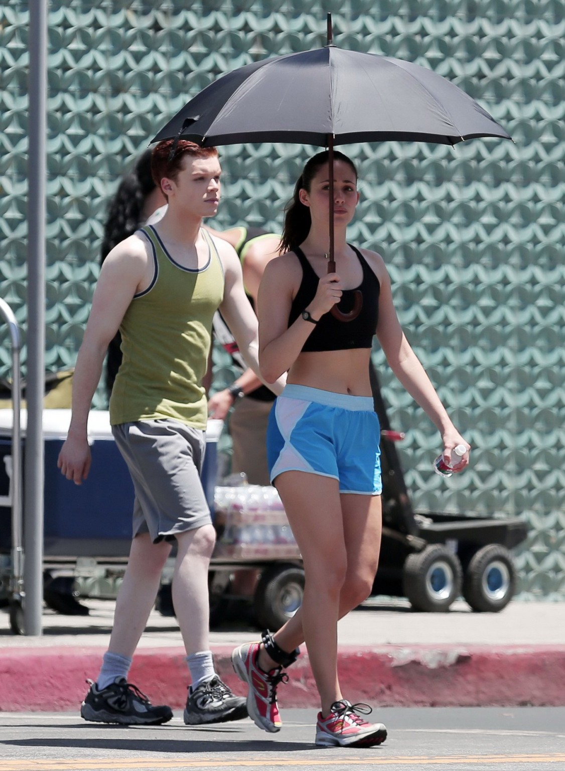 Emmy Rossum wearing black sport bra and shorts on the set of Shameless in Los An #75191154