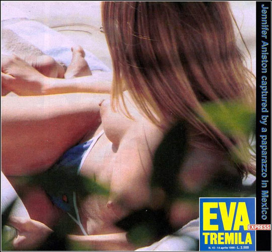 Jennifer Aniston showing her nice big tits to paparazzi on beach #75415605