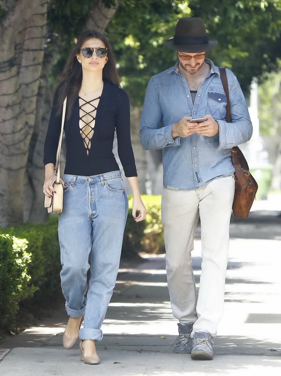 Emily Ratajkowski braless showing huge cleavage in black top and jeans out in LA #75165572