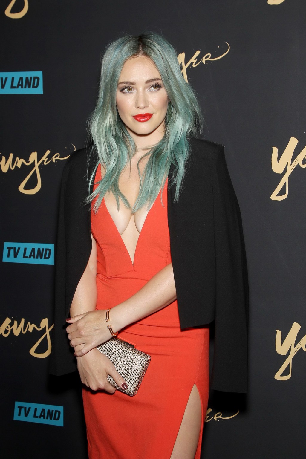 Hilary Duff showing huge cleavage braless in short red dress at the Younger prem #75168354