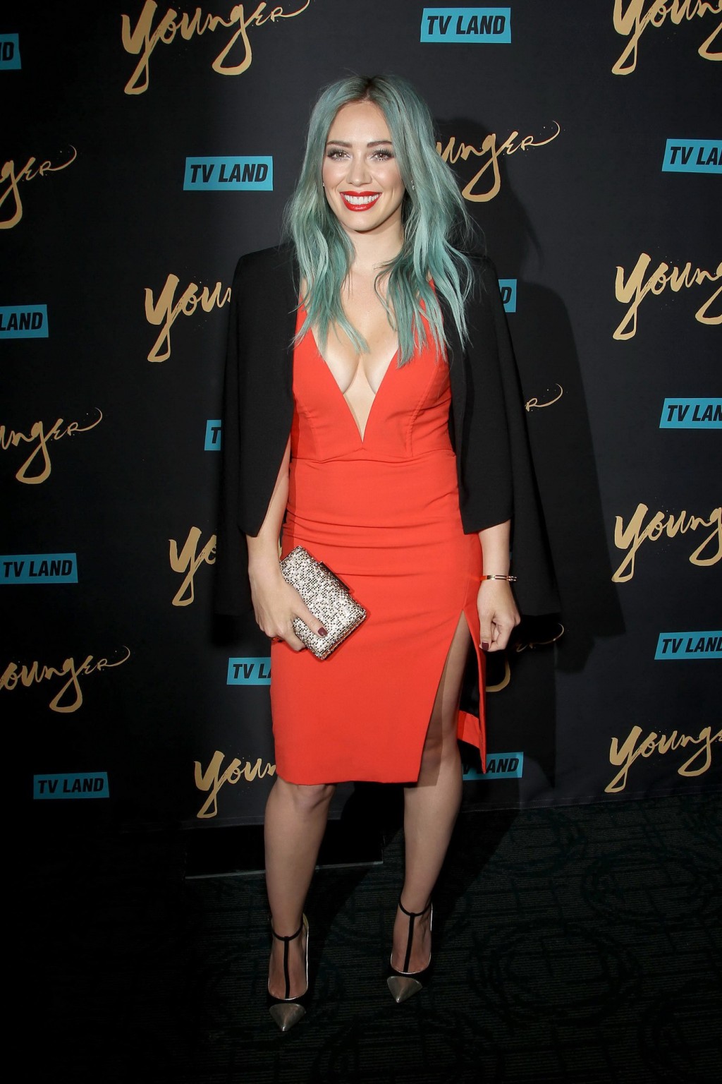 Hilary Duff showing huge cleavage braless in short red dress at the Younger prem #75168359