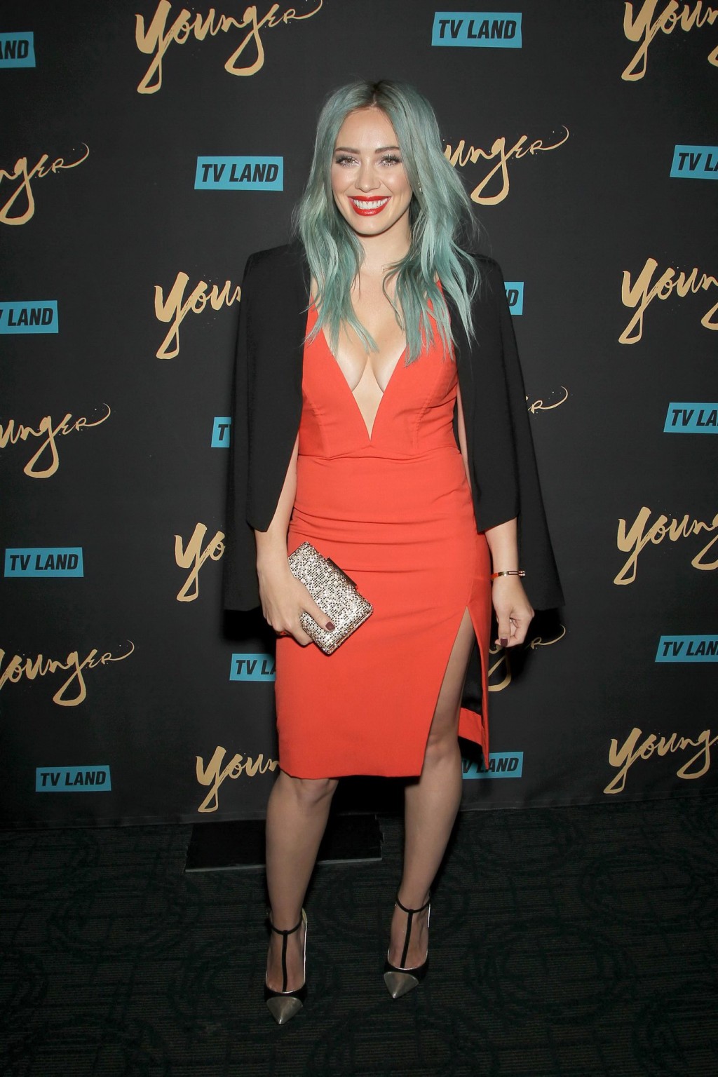 Hilary Duff showing huge cleavage braless in short red dress at the Younger prem #75168362