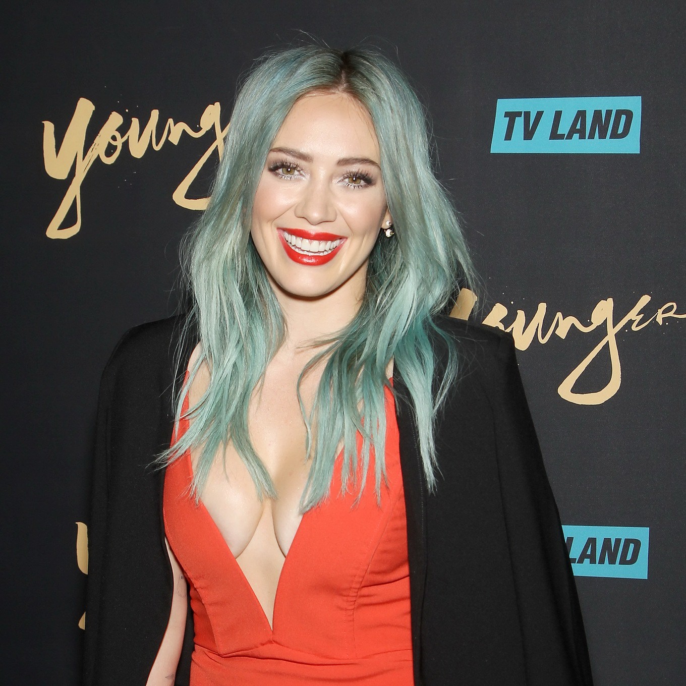 Hilary Duff showing huge cleavage braless in short red dress at the Younger prem #75168377