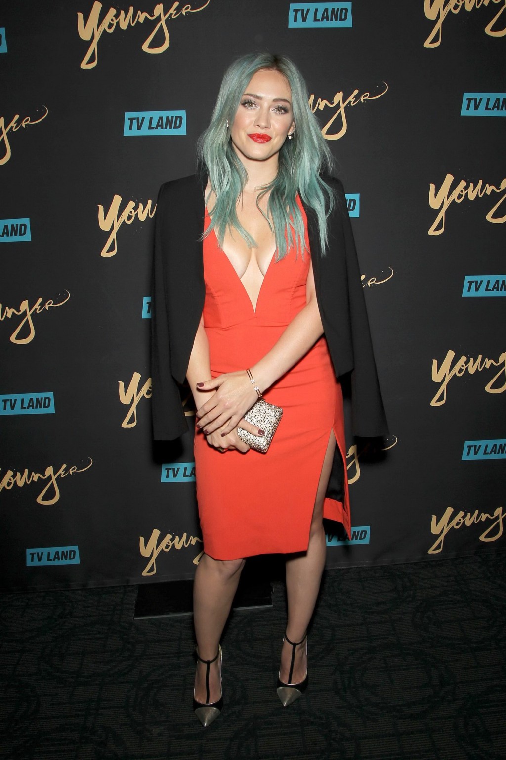 Hilary Duff showing huge cleavage braless in short red dress at the Younger prem #75168382