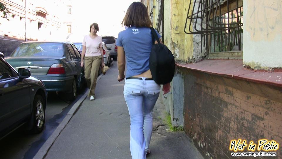 Huge ugly piss blotch on the tight jeans of a curvy outdoor bitchie #73245373