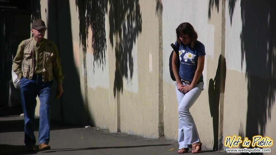 Huge ugly piss blotch on the tight jeans of a curvy outdoor bitchie #73245392