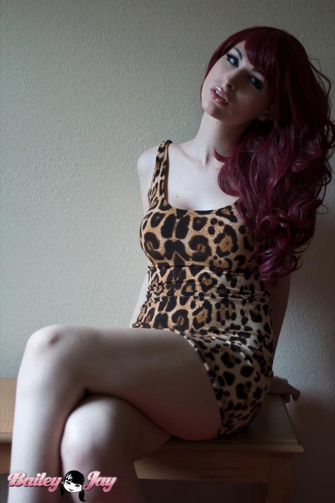 Sexy redhead TS Bailey Jay exposing herself in a tight ceetah dress #79200366