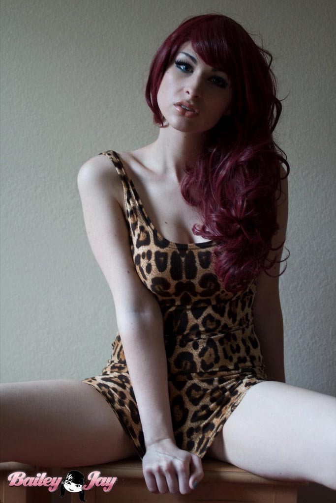 Sexy redhead TS Bailey Jay exposing herself in a tight ceetah dress #79200371