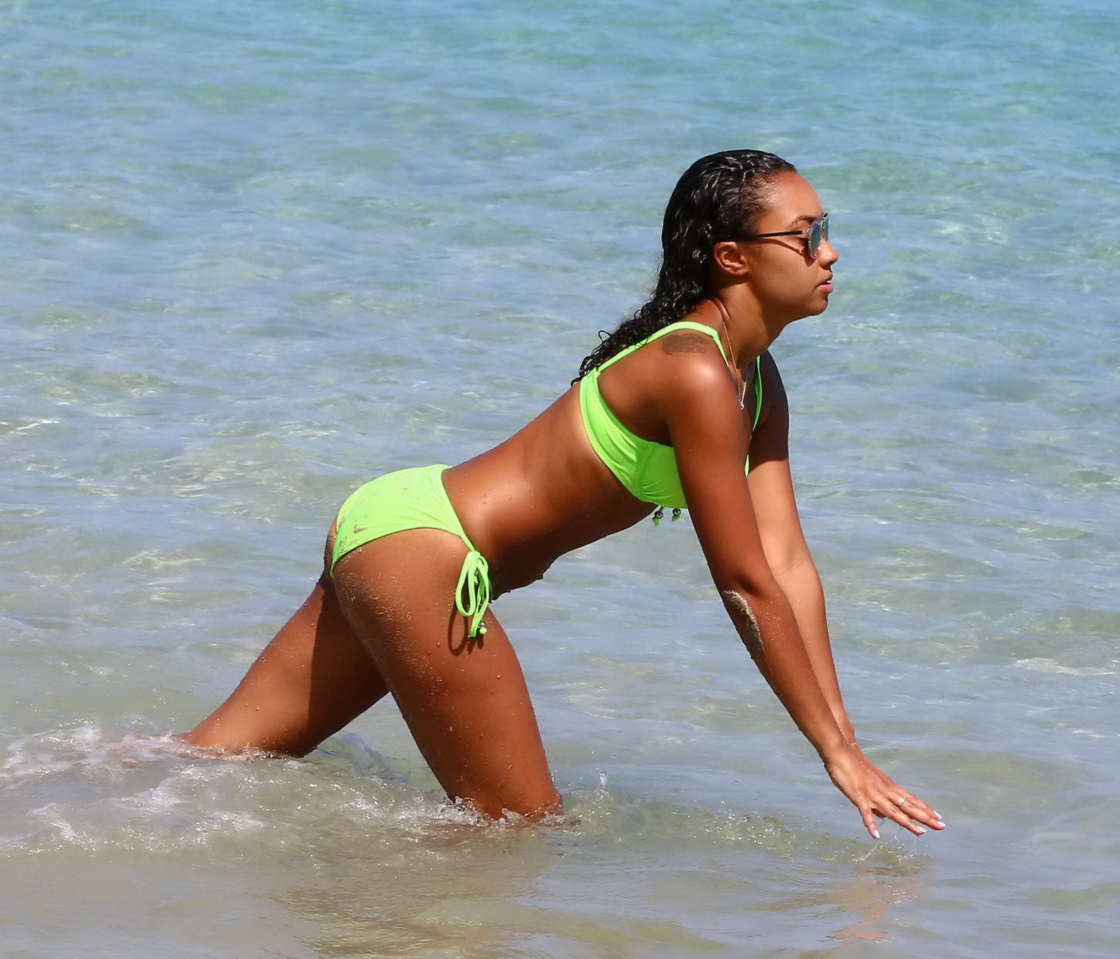 LeighAnne Pinnock busty and booty wearing skimpy green bikini on the beach in Ja #75165870