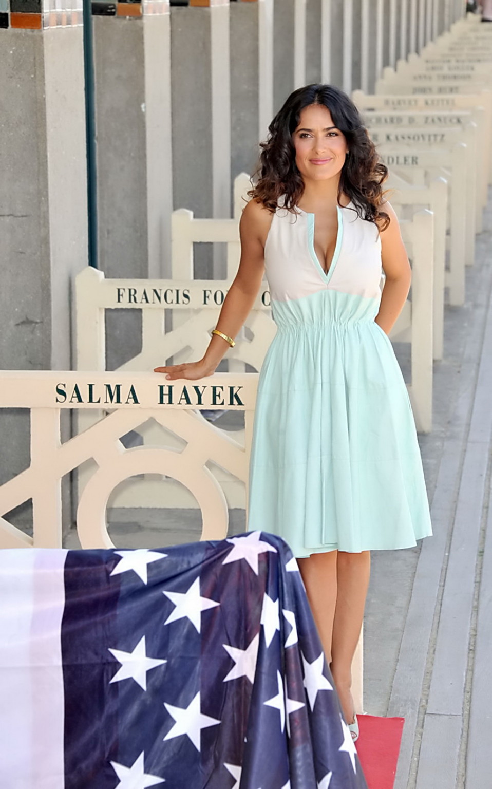 Salma Hayek cleavy flashing huge boobs in a short light dress at Deauville Ameri #75252582