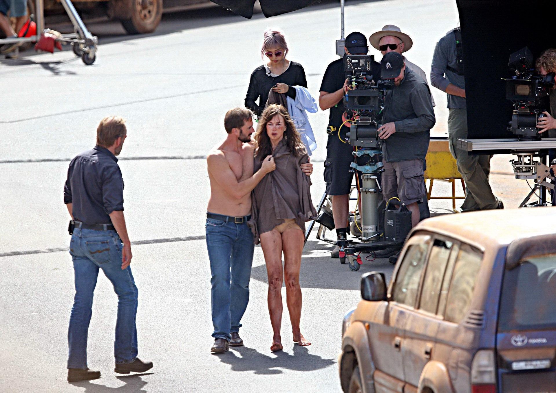 Nicole Kidman all dirty wearing panties and shirt on the Strangerland set in Can #75197903
