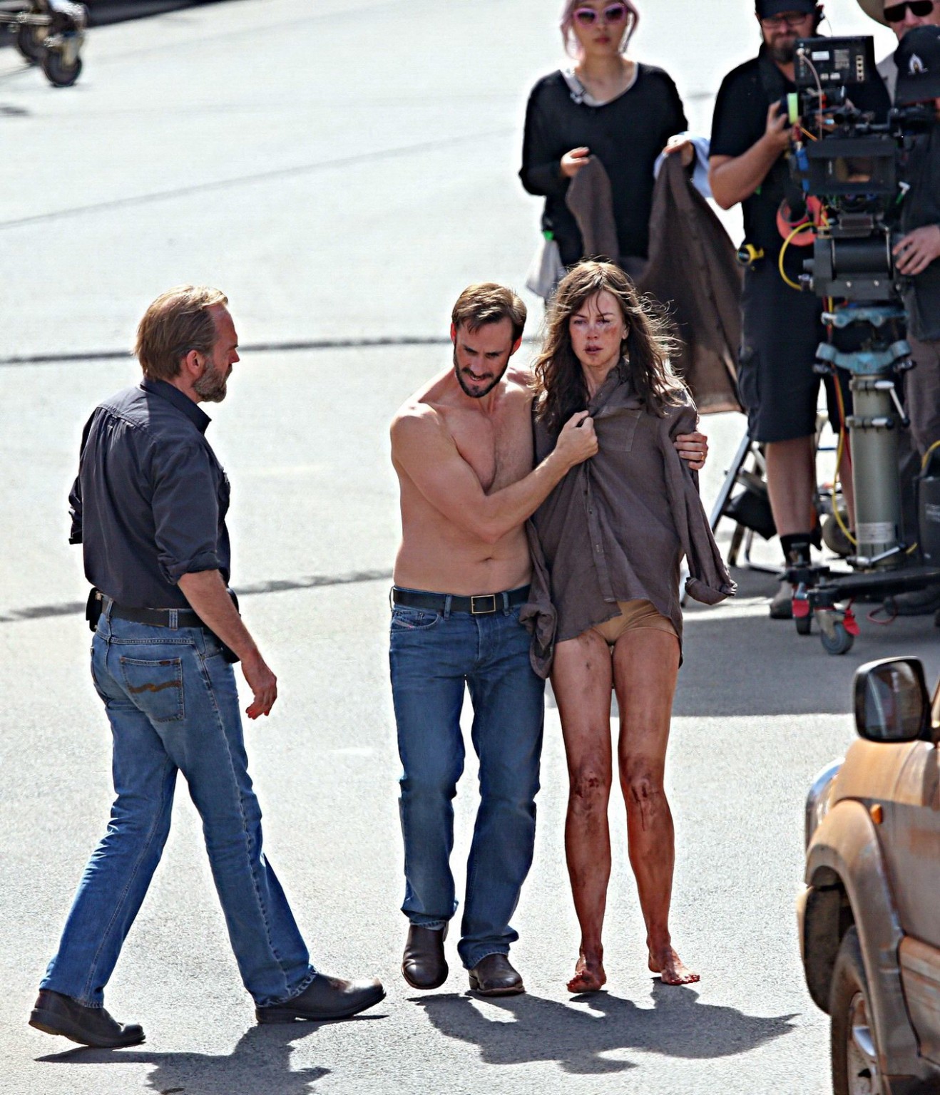 Nicole Kidman all dirty wearing panties and shirt on the Strangerland set in Can #75197941