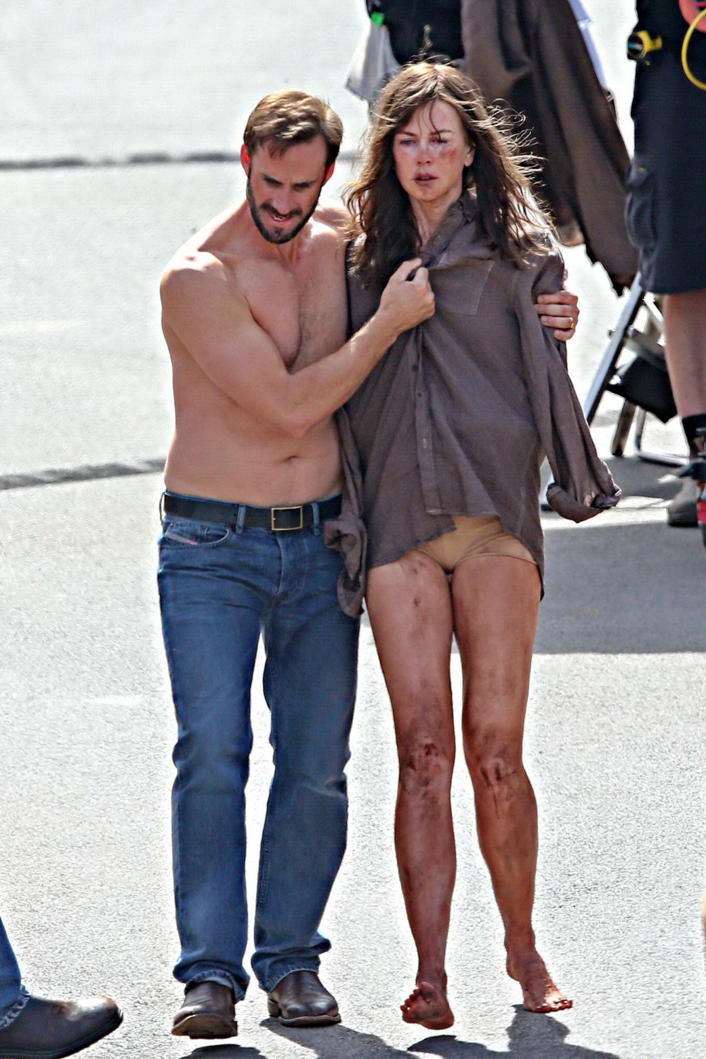 Nicole Kidman all dirty wearing panties and shirt on the Strangerland set in Can #75197951