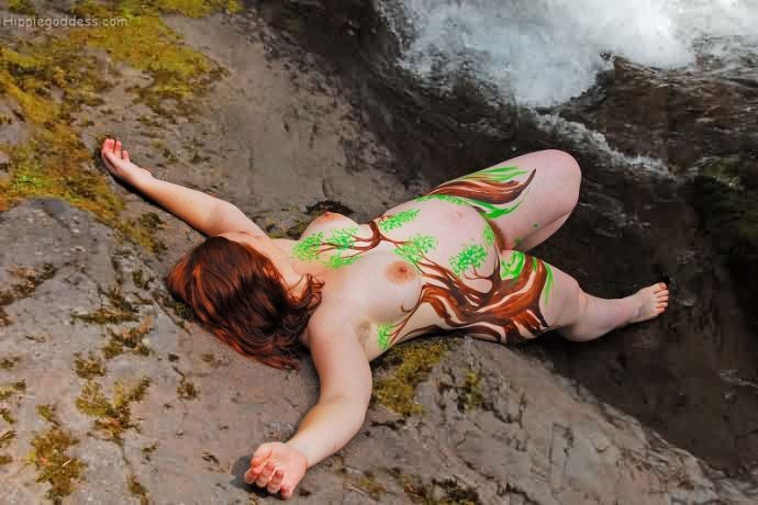 Hairy Pregnant Nudist in Body Paint Naked on River Bank #75570823