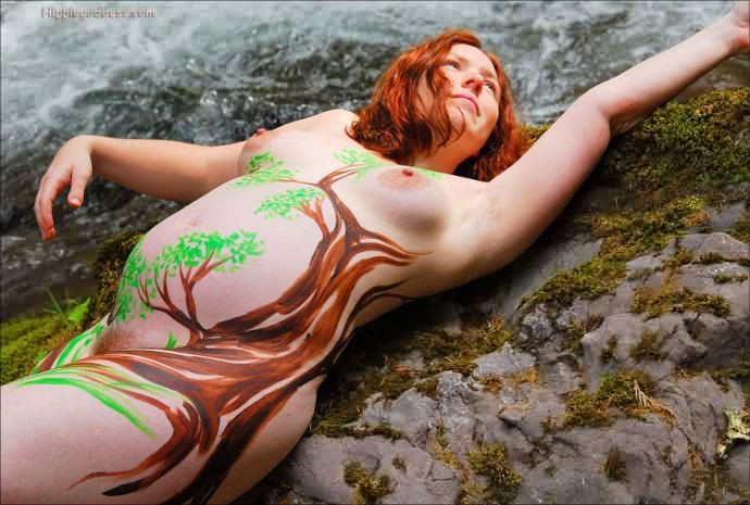 Hairy Pregnant Nudist in Body Paint Naked on River Bank #75570839