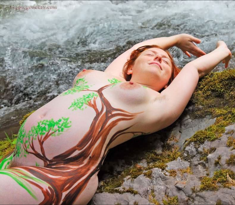 Hairy Pregnant Nudist in Body Paint Naked on River Bank #75570842