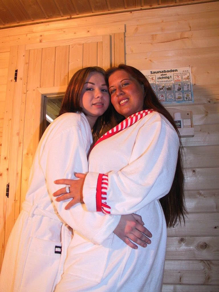 Two lesbian fattie kissing in sauna #75526869