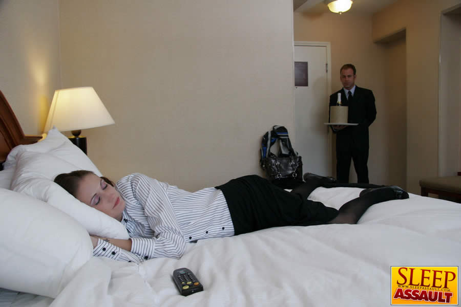 Brunette flight attendant sleep fucked by room service guy #74990264