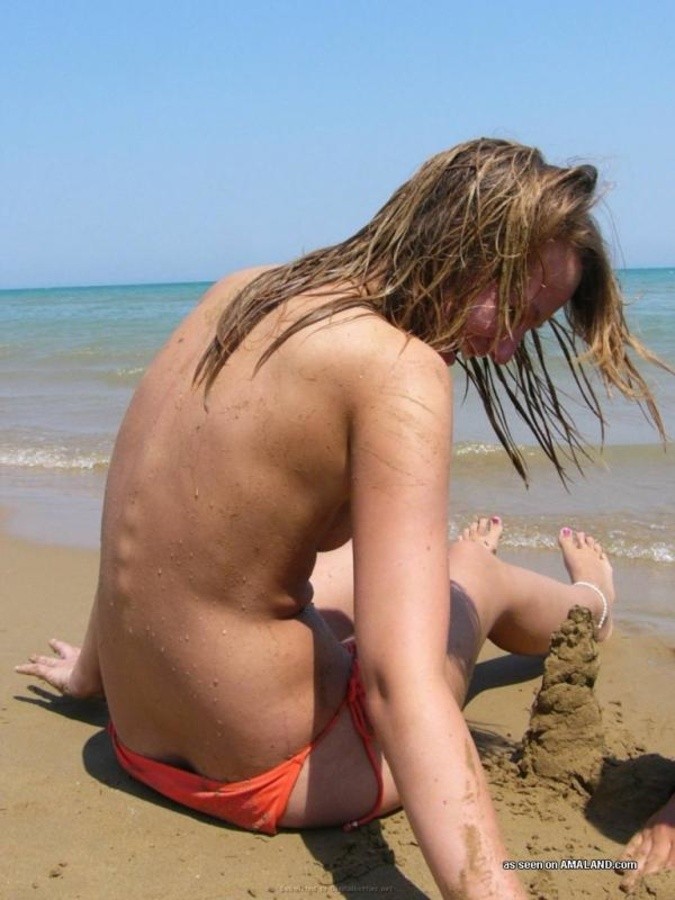 Blonde teen gf having fun topless at the beach #67607372