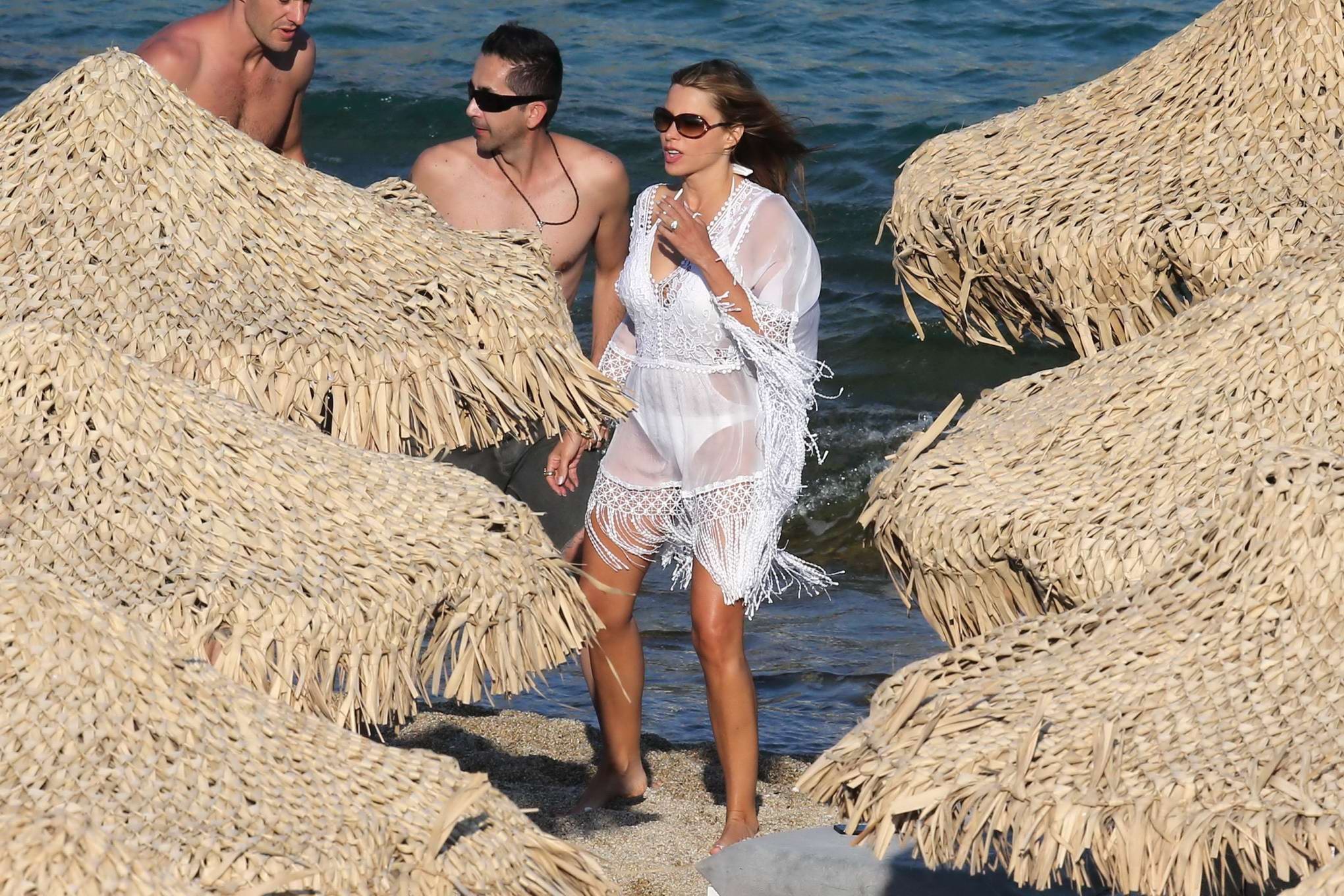 Sofia Vergara see-through to white bikini arriving at the beach in Mykonis #75224616