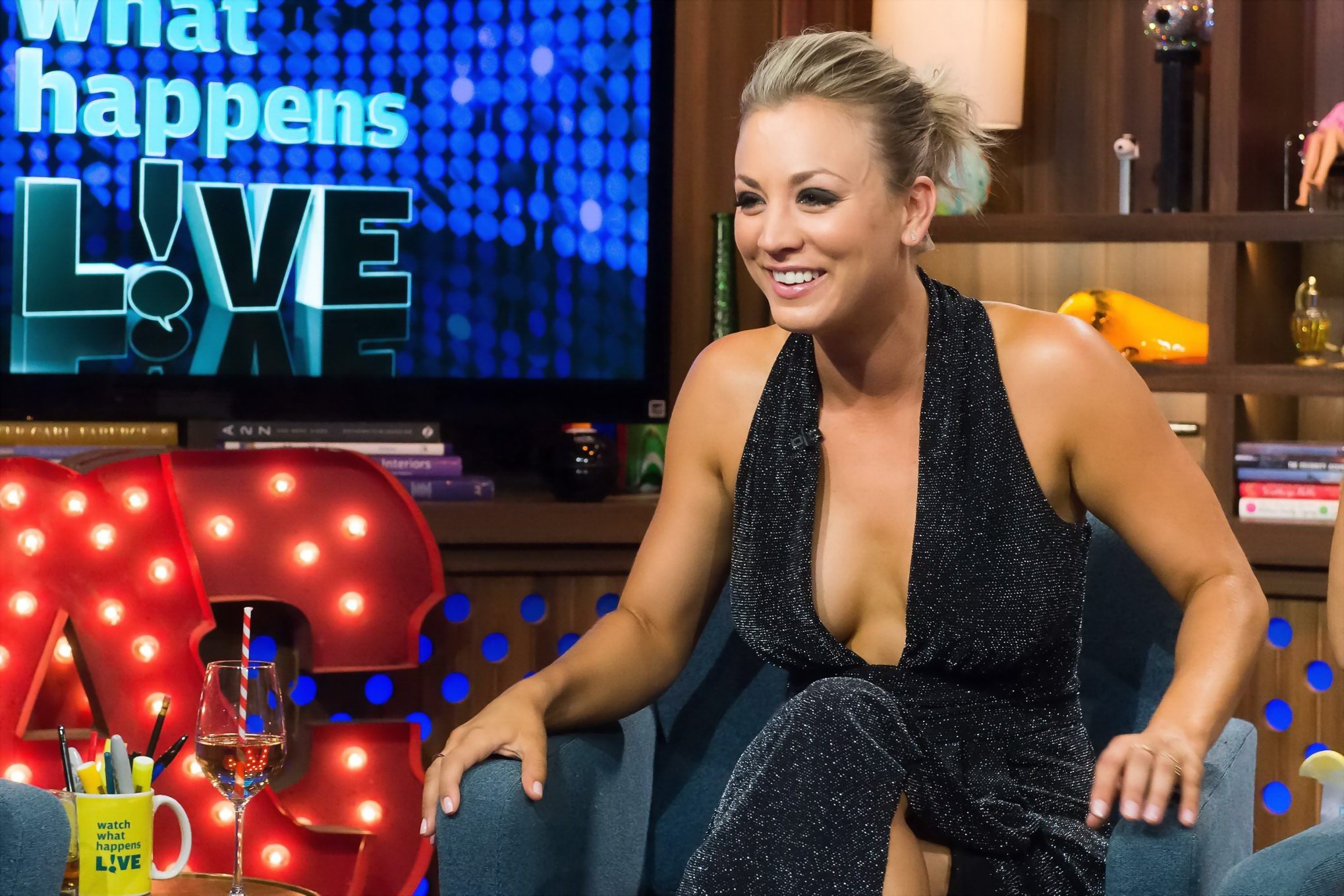 Kaley Cuoco showing boobs braless in a low cut dress #75152168