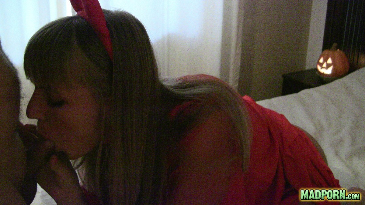 Hot halloween babe dressed up as a devil sucks her man's cock #67239417