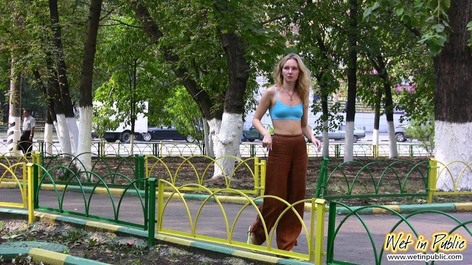 Blonde addicted to public pissing makes her pants all wet in a park #73240567