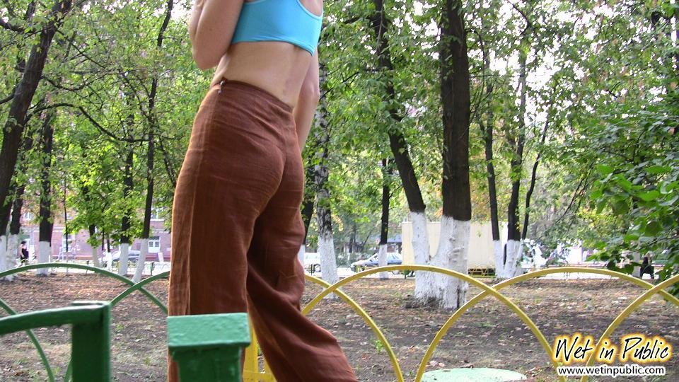 Blonde addicted to public pissing makes her pants all wet in a park #73240591