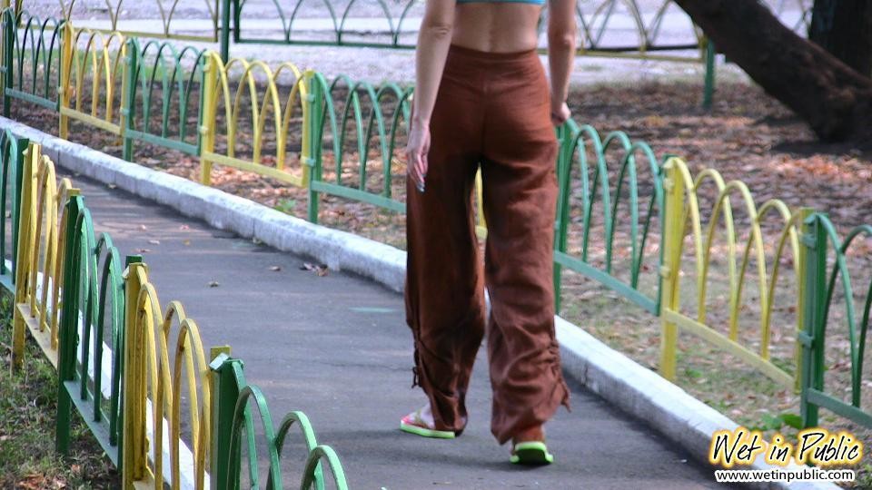 Blonde addicted to public pissing makes her pants all wet in a park #73240653