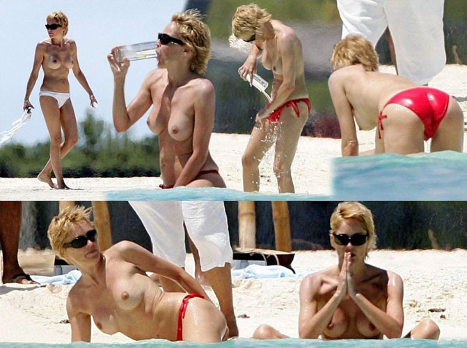 Sharon Stone showing bald pussy and tits to paparazzi on beach #75431509