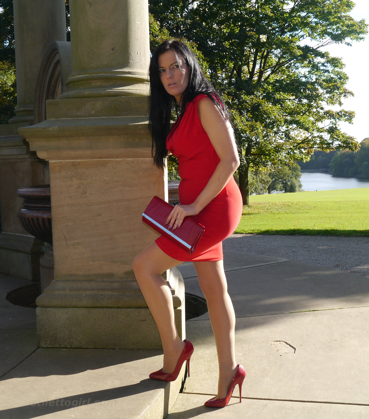 Sexy babe with shoe fetish takes a stroll outdoors wearing a tight red dress wit #74637453