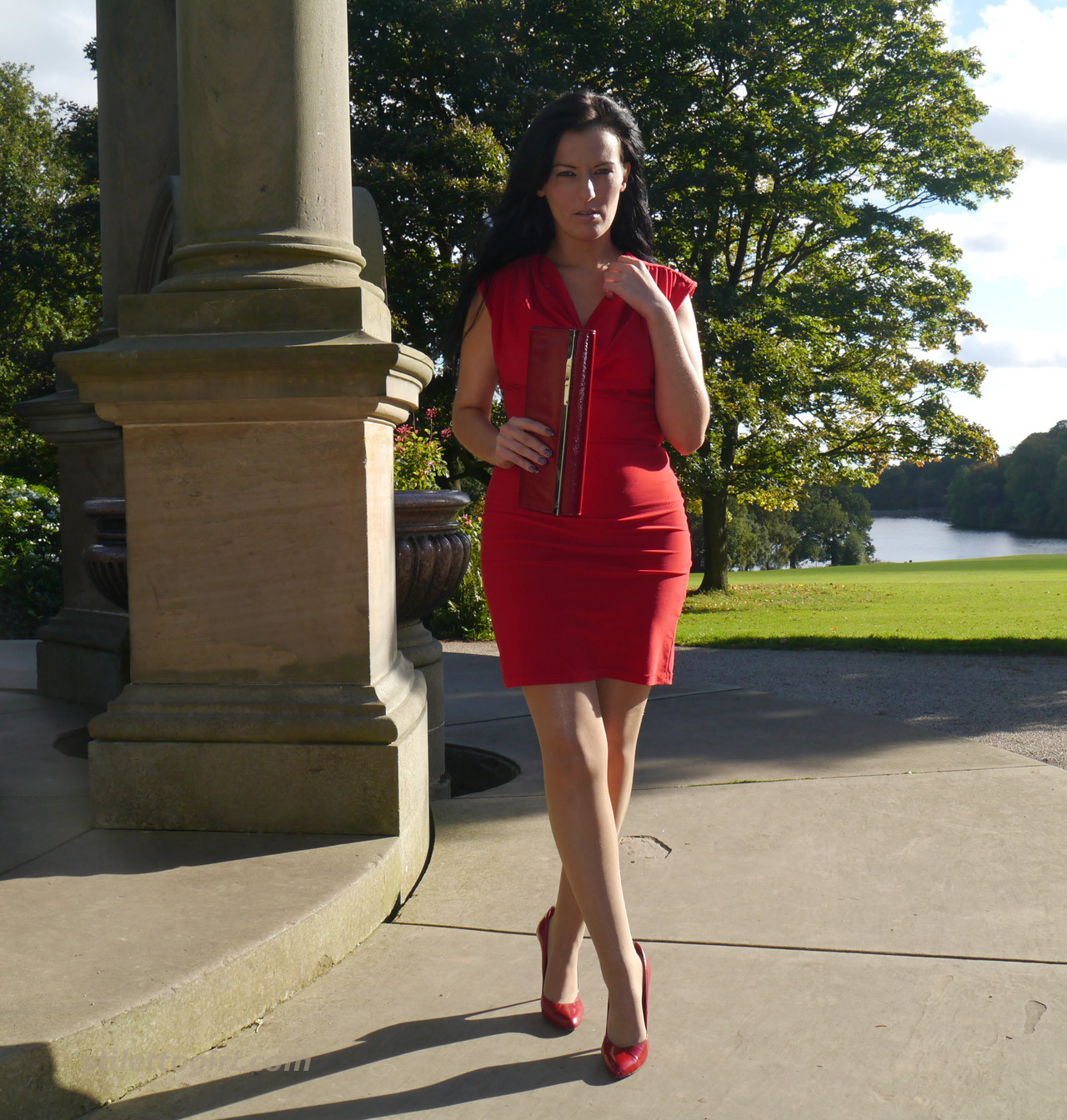 Sexy babe with shoe fetish takes a stroll outdoors wearing a tight red dress wit #74637479